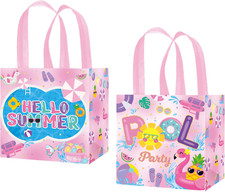 12Pcs Summer Pool Party Gift Treat Bags with Handles Pink Hello Summer Theme Non