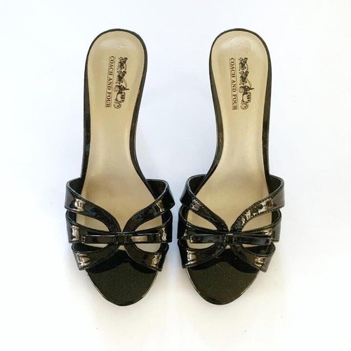 Coach And Four black faux patent leather strappy backless heels size 7  women's | eBay