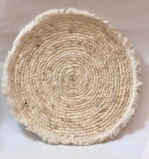 Vintage Handmade Beaded Round Rug 15" Creamy Color Heritage Rattan Wicker