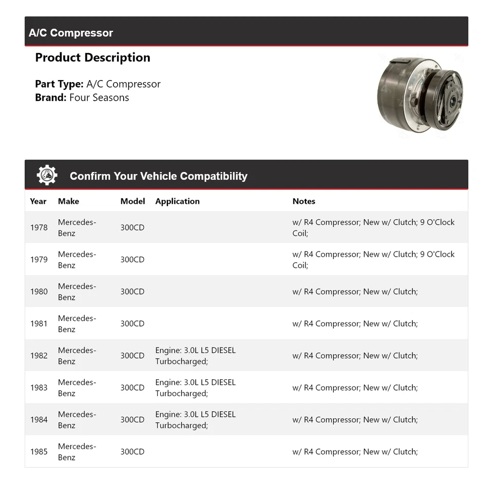 Compresor de aire acondicionado para Mercedes-Benz 300CD 1978-1985 4 estaciones 1979 1980 1981 1982 Foto 2 de 4