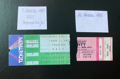 7.10/26.10.1985 2 Original Concert Tickets Ratt Glam Metal und Bon Jovi