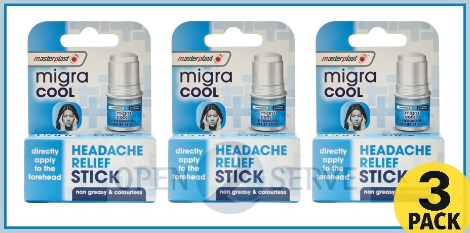 3x Masterplast Migra Cool Stick 3.6g Headache Migraine Cooling Relief Non Greasy