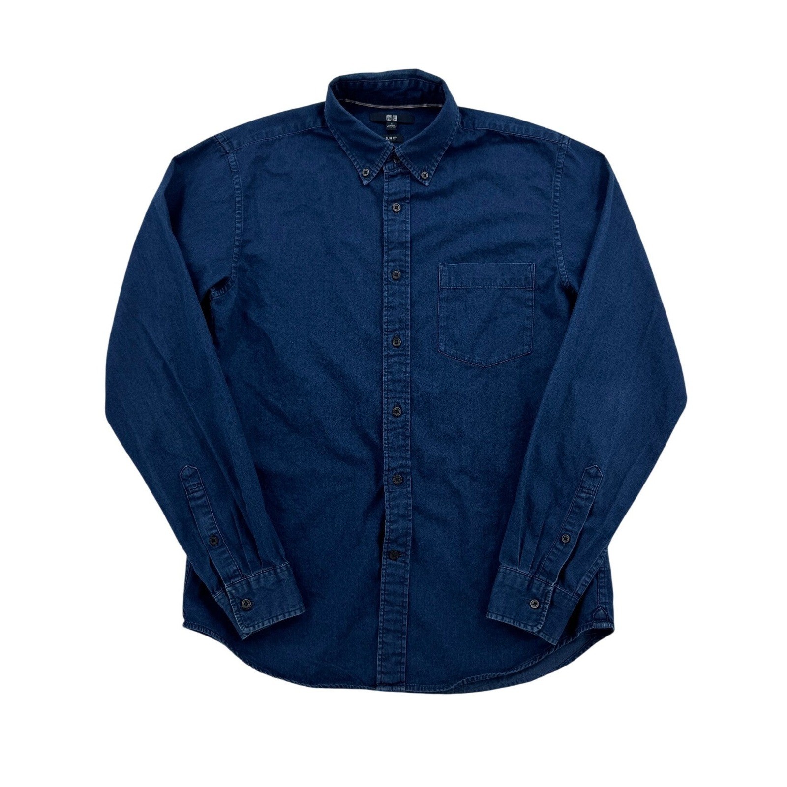 Mens Uniqlo Slim Fit Denim Button Down Shirt Small Blue Indigo Long Sleeve