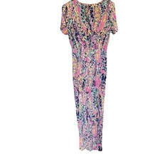 Beeson River Artistic Print Ruched Maxi Dress Cap Sleeve High Slit Women's Large