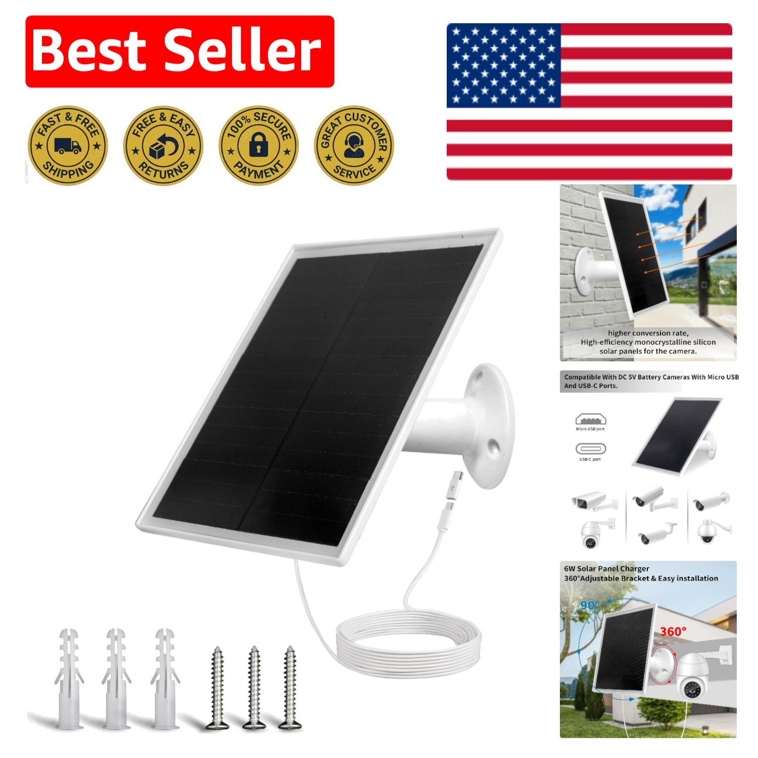 6W  Waterproof Solar Panel Charger for Outdoor Security Came