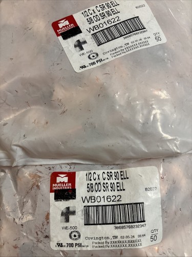 (2x50ea) Mueller WB01622 , 1/2" C x C , 90° Elbow Short Radius , 5/8" OD - Picture 2 of 3