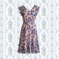 Tommy Hilfiger Women's 14P Pink blue floral print midi dress  ruffle sleeves