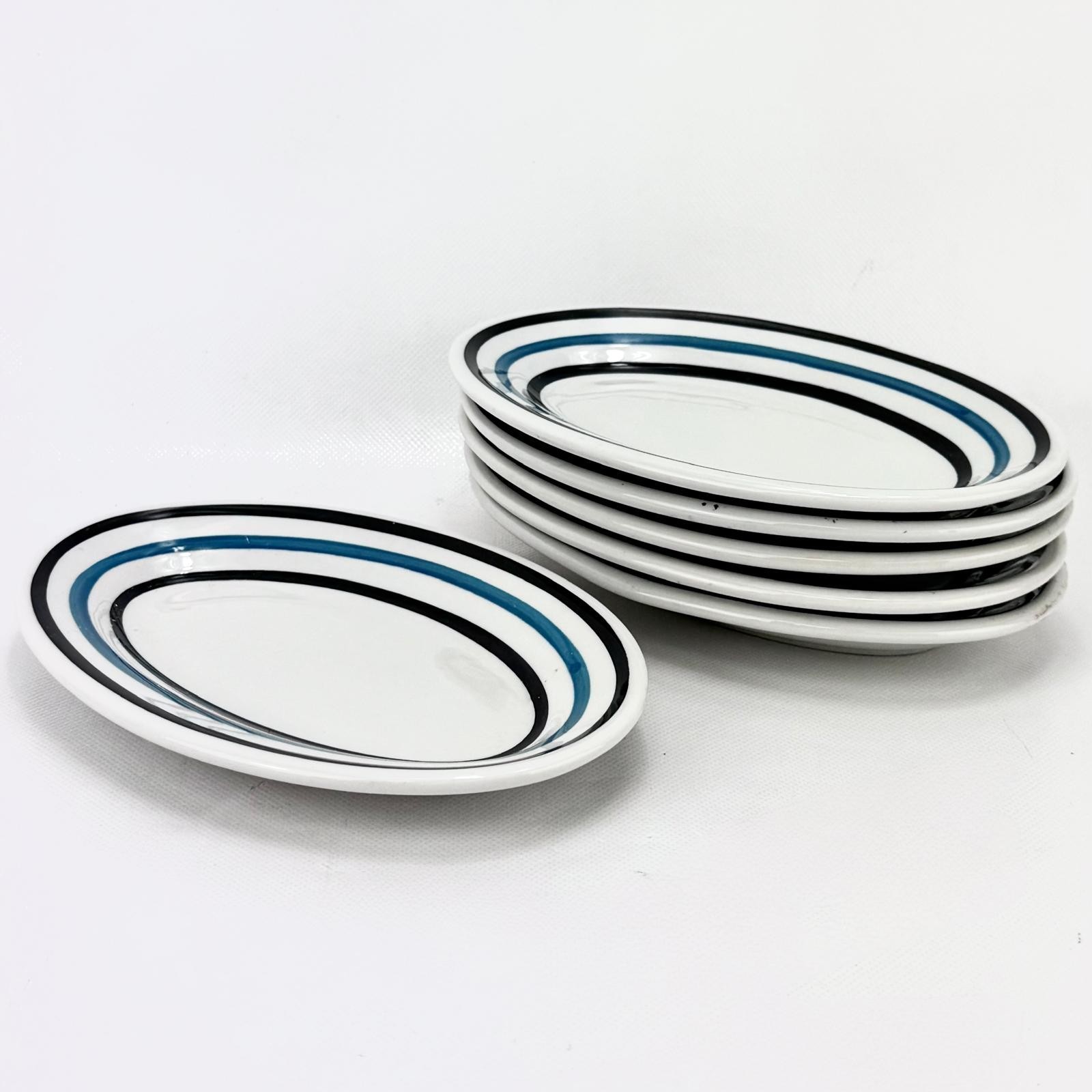 Shenango China Oval Plates 7.25" Restaurant Ware Rimmed Set of 6 Blue Black