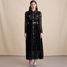 Retro French Women's Lace Embroidery Long Sleeve Long Dress Single Breasted Slim