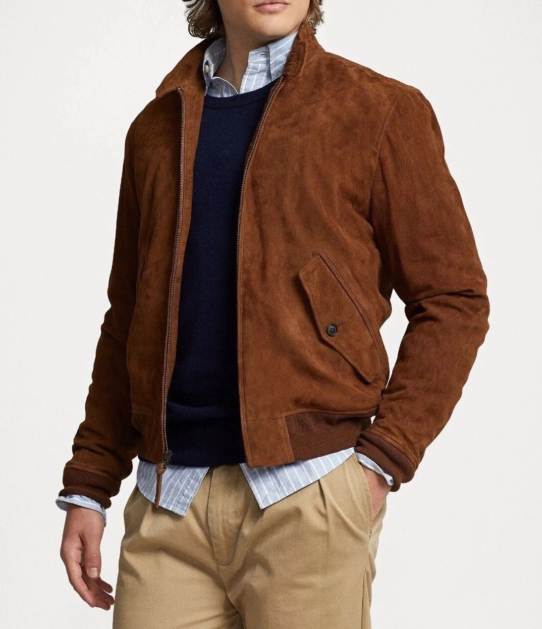 New Men's Brown Suede Bomber Leather Jacket Size S M L XL XXL 3XL Custom Made