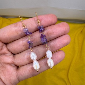 Authentic Natural Freshwater Pearl Earrings 14K Gold Plated & Purple Crystal Long Drop