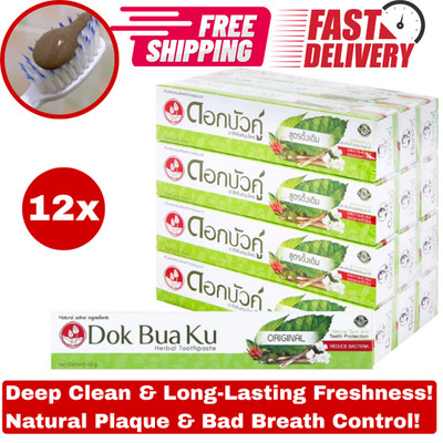 12x Twin Lotus Dok Bua Ku Original Herbal Toothpaste Fresh Breath 40g Thai Pack