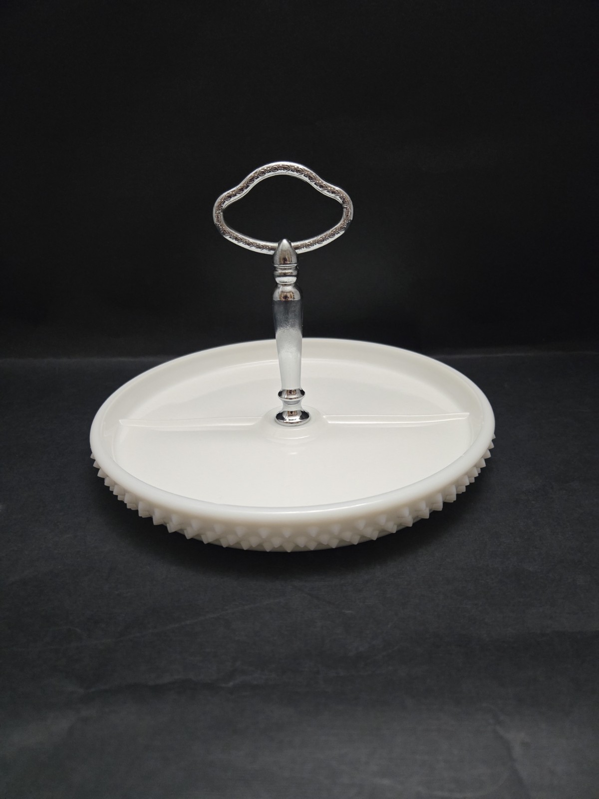 Vintage Fenton Milk Glass Hobnail Divided Tidbit Dish Condiment Tray 8"