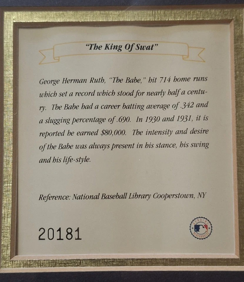 BABE RUTH 1992 Kelly Russell Studios LtdEd FRAMED COLOR LITHOGRAPH & SPORTS CARD - Image 3 of 4