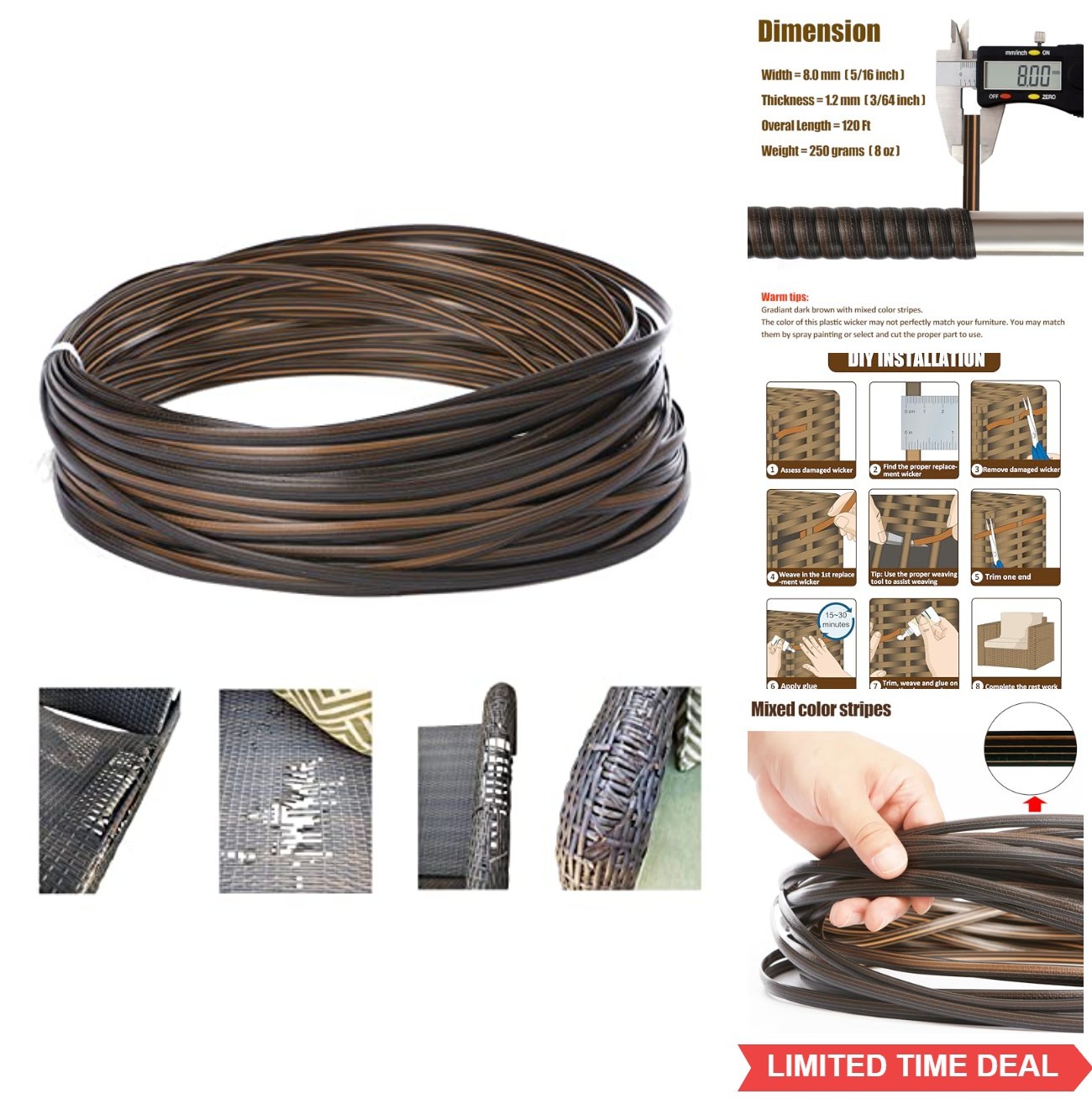 Wicker Repair Kit 120 Ft Plastic Flat Synthetic Rattan Dark Brown Mixed Stripe