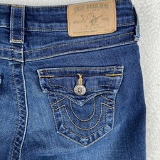 TRUE RELIGION Super Skinny Blue Jeans 26 Frayed Ankle FLAP Pockets Stretch