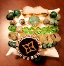 New Druzy Charm Bracelet Set 5pc – Light Green Stretch Stackable Boho Jewelry