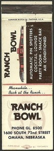 VINTAGE famous ~ RANCH BOWL ~ matchbook cover OMAHA, NE nebraska BOWLING