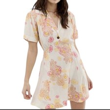 Free People Blue Hawaii Pattern Print Mini Dress Floral Flower Vintage Collar