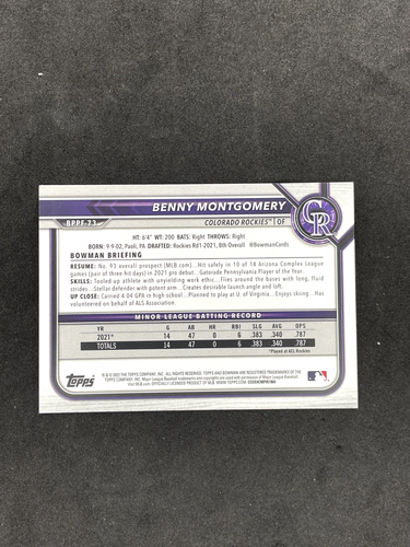 2022 Bowman Prospect 1st Edition Benny Montgomery Blue Foil /150 #BPPF73 Rockies - Picture 2 of 2