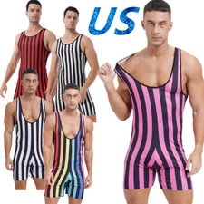 Men's Muscle Wrestling Singlet Striped Jumpsuit Fitness Jockstrap Undershirts