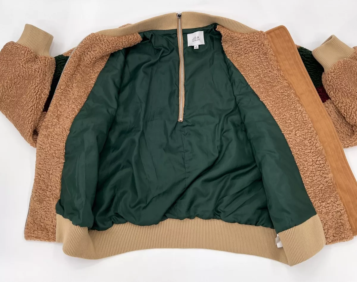 J.O.A. Jacket Womens Medium Beige Green Color block Teddy Faux Fur Zip Up Bomber
