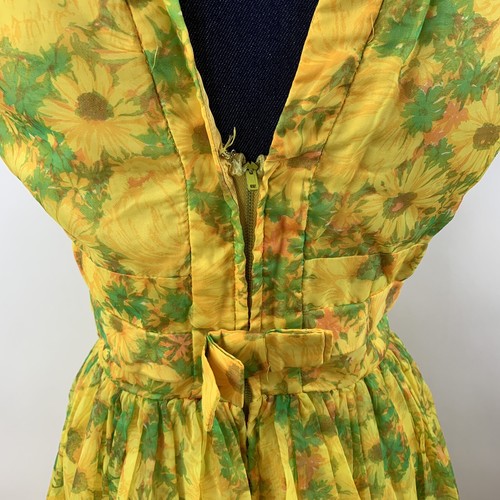 Vtg 50s 60s Jr. Theme New York Dress Fit-Flared Gold Yellow Daisy Print MCM Sm M - 第 7/9 張圖片
