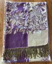 Pashmina And Silk Scarf Wrap 70”x30” With Knotted Fringe Purple & Gold Gorgeous!