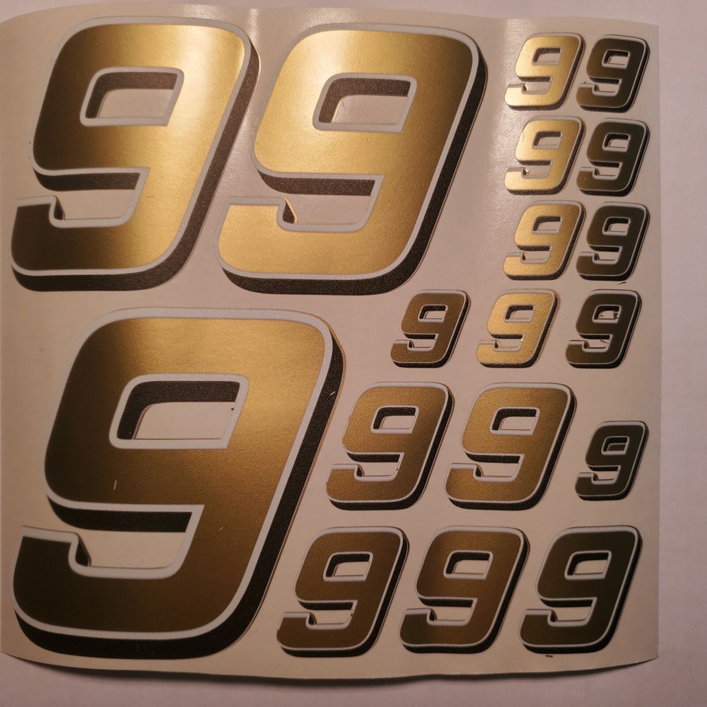 Shiny Gold  w/white & black #9's  Racing Numbers Vinyl Decal Sheet 1/10-1/12