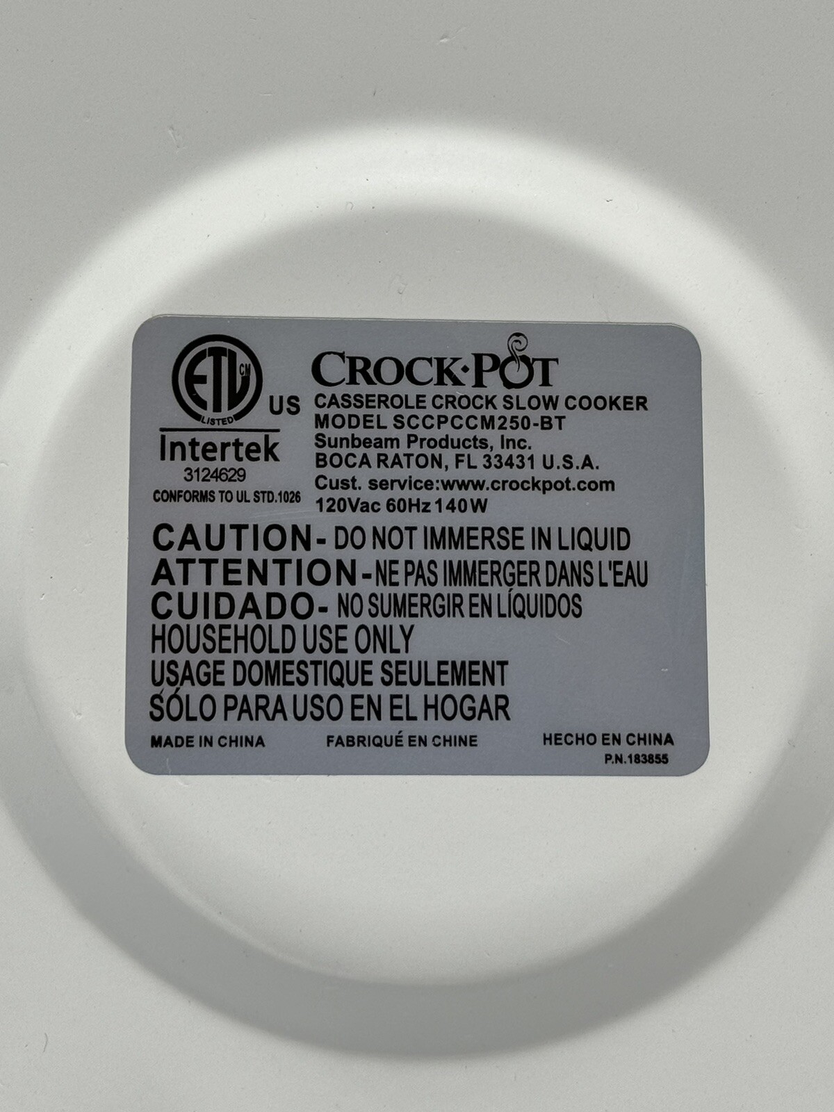 Crockpot Slow Cooker Model SCCPCCM250-BT 2.5 Quart