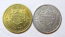 Showbiz Pizza Place Brass & Nickle Coin Tokens ( 2 Different Rare Vin. Tokens )