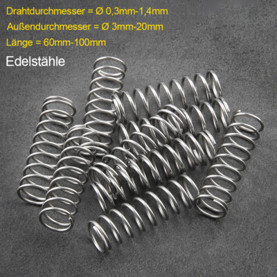 Druckfeder Rückstellfeder Edelstahl A2, d=0,3-1,4 mm, L=60-100 mm, 5-22 mm Druckfeder Rückstellfeder Edelstahl A2, d=0,3-1,4 mm, L=60-100 mm, 5-22 mm