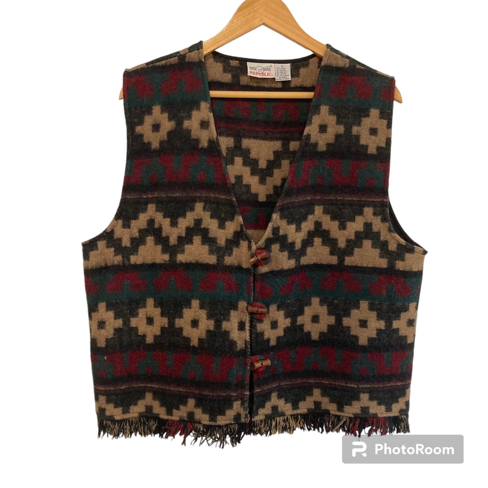 Vintage Aztec Western Button Front Vest Size Large Wool Blend Multicolor