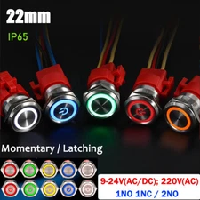 22mm Metal Push Button Switch Momentary Latching Waterproof IP65 LED Illuminated
