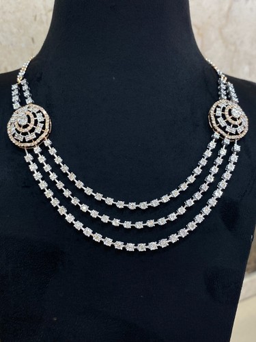 Stunning 5.22 Cts Round Baguette Real Diamonds 3-Strand Tennis Necklace 14K Gold - Picture 2 of 12