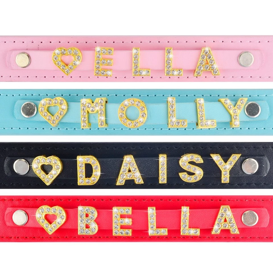 Кожаный ошейник для собаки блестящий персонализированный на заказ имя щенка кошки со стразами ярлык SX-L - Изображение 4 из 4