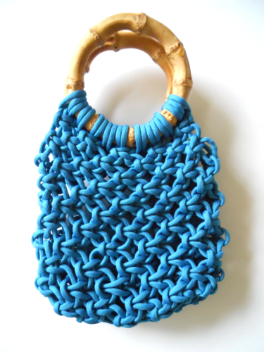 Paracord Woven Purse Bag Small with Bamboo Round Handles Aqua Boho Festival