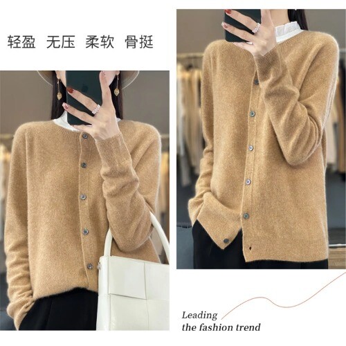 Merino Wool Long Sleeve Knitted Cashmere Sweater Ladies Knitted O-neck Cardigan - Picture 21 of 39