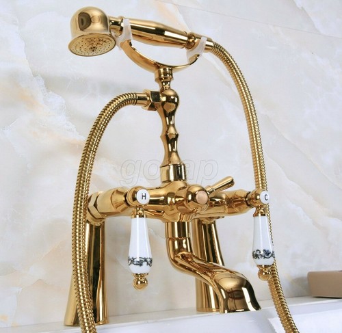 Bathtub Faucet Luxury Gold Brass Clawfoot Faucet Mixer Tap Deck Mount Handshower - Picture 1 of 8