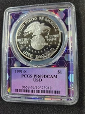 🌟 1991-S PCGS PR69 DCAM USO Silver Dollar Deep Cameo Proof Coin TRADER BEA