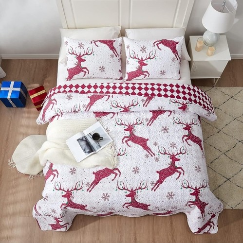 Christmas Queen Full Quilt Bedding Set (1 Reddeer Printed Quilt and 2... - Picture 3 of 9