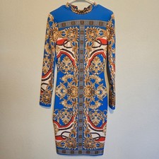 Fashion Nova Blue Gold Baroque Print Long Sleeve Bodycon Dress