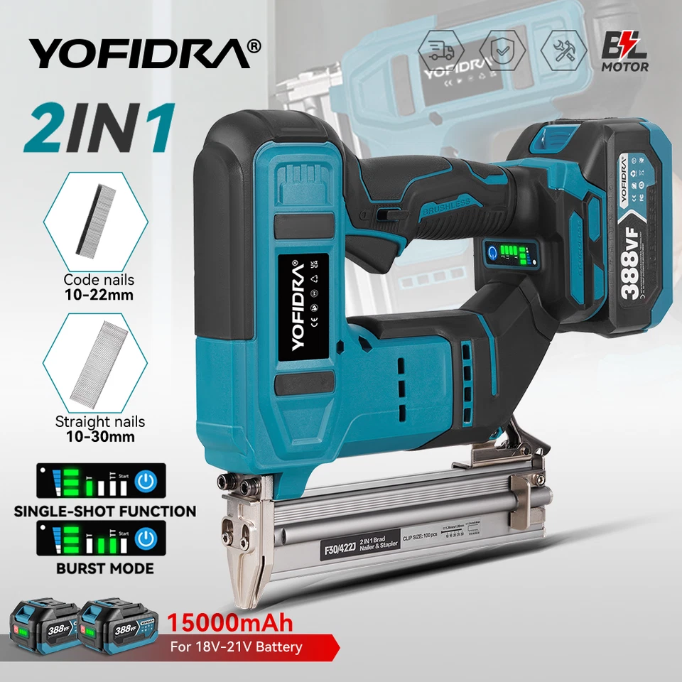 YOFIDRA 2 IN 1 Cordless Brushless Nail Gun Staple Gun Electric Stapler Nailer For Makita