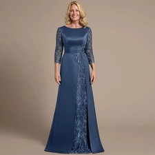 Lace Satin Mother of The Bride Dresses Ink Blue Sleeves Sequin Appplique Evening