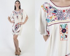 Mexican Embroidered Birds Dress Vtg Cotton Beach Cover Up Folklorico Kaftan