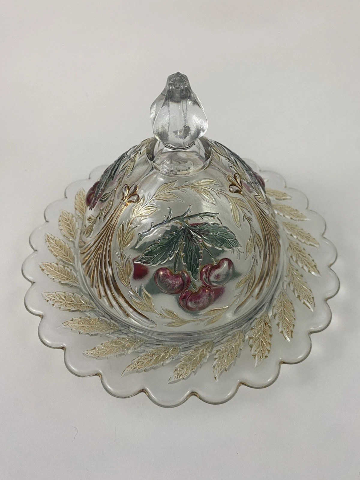 Vintage Westmoreland Cherries and Leaves Pattern Glass Dome Butter Dish