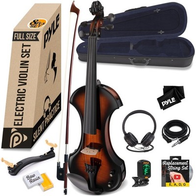 Electric Violin Full Size 4/4 Solid Wood Silent Fiddle Kit Pyle Hard Case Ebony