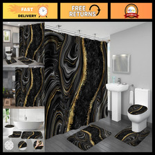 4PCS Black Gold Marble Shower Curtain Set with Rugs, Modern Bathroom Decor, Styl