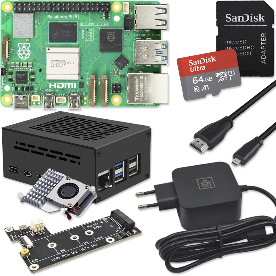 Raspberry Pi 5 PCIe M.2 NVMe - Kit | 45W Netzteil | Active Cool | 64GB SD | HDMI