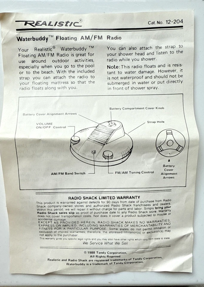 Vtg Floating Radio 1988 New OS Realistic Waterbuddy Portable AM/FM -Tested ++ - Image 3 of 4
